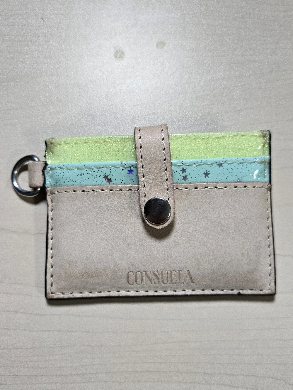 Consuela Beige Card Holder with Mint and Lime Glitter Accents